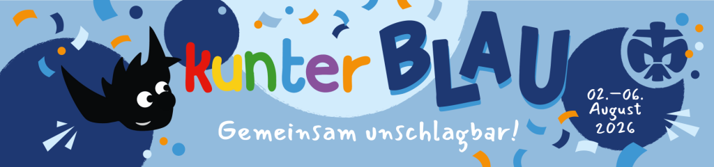 Werbebanner für das Jungpfadfinder Bundeslager 2026 mit dem Titel "Kunterblau gemeinsam unschlagbar"